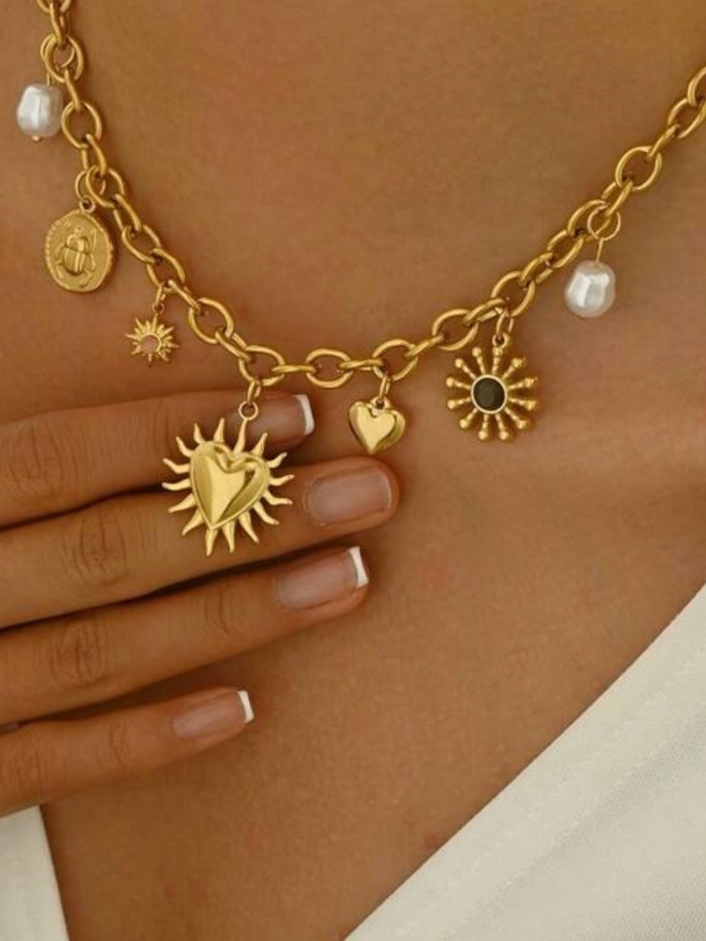Gold Sun Heart Charm Chain Necklace with Pearl Accents - Women Jewelry